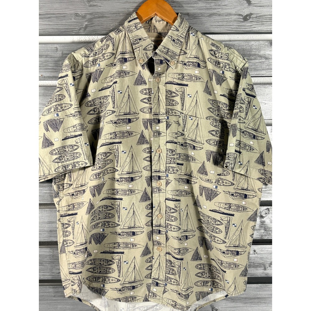 Vtg Munsingwear Mens Sailboat Nautical Print Button Down Shirt Olive Green M
